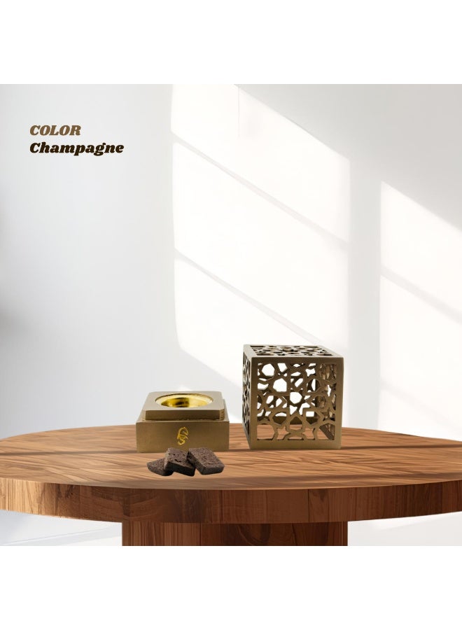 مبخرة بخور عربية فاخرة بلون الشمبانيا – حامل بخور معدني أنيق بنقوش هندسية | مبخرة عصرية للمنزل، رمضان، والهدايا - Image 2