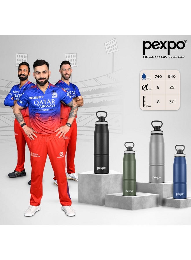 Pexpo Altros 1000 Pro Stainless Steel Hot & Cold Vacuum Insulated Flask, 940ml, Knight Black |Leak Proof| Easy to Carry Loop Handle |Sports Water Bottle| Trekking |Gym| Office | Home | RCB Edition - Image 2