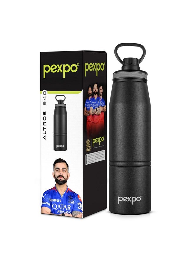 Pexpo Altros 1000 Pro Stainless Steel Hot & Cold Vacuum Insulated Flask, 940ml, Knight Black |Leak Proof| Easy to Carry Loop Handle |Sports Water Bottle| Trekking |Gym| Office | Home | RCB Edition - Image 1