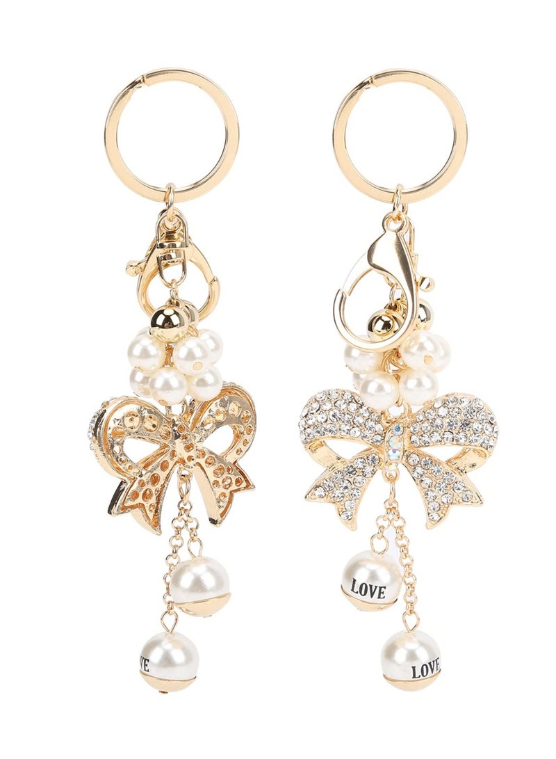 2Pcs Rhinestone Keychain Bowknot Alloy Pearl Key Ring Charm Pendant for Women Girl Purse Bag Gift Exquisite for Women Bag - Image 1