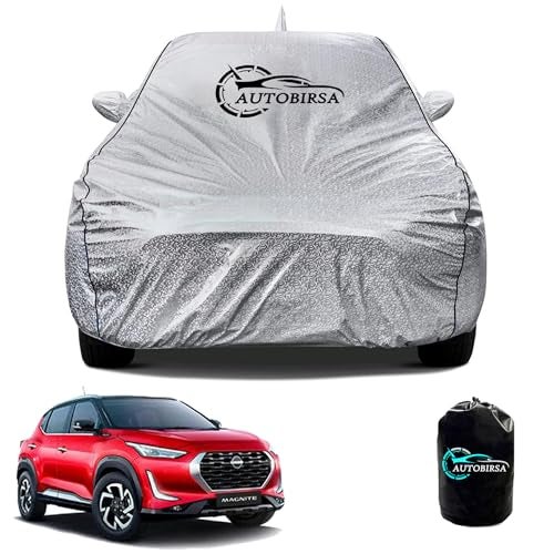 AUTOBIRSA Waterproof Car Body Cover for Nissan Magnite with Mirror and Antenna Pocket and Soft Cotton Lining (4 Side Elastic Triple Stitched & Metallic Silver with Black Piping Style) - Image 1