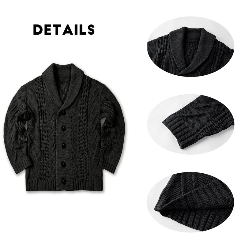 Karlywindow Mens Cable Knit Cardigan Sweater Shawl Collar Loose Fit Long Sleeve Casual Cardigans Black - Image 4