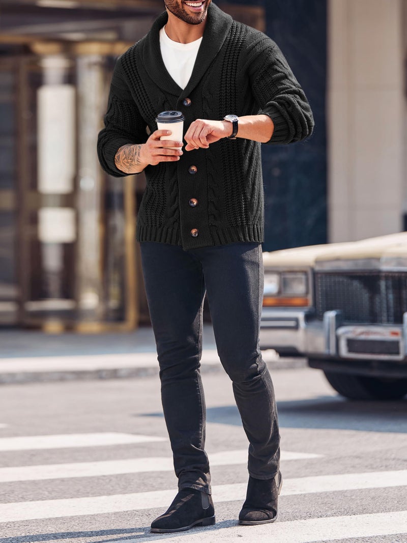 Karlywindow Mens Cable Knit Cardigan Sweater Shawl Collar Loose Fit Long Sleeve Casual Cardigans Black - Image 3
