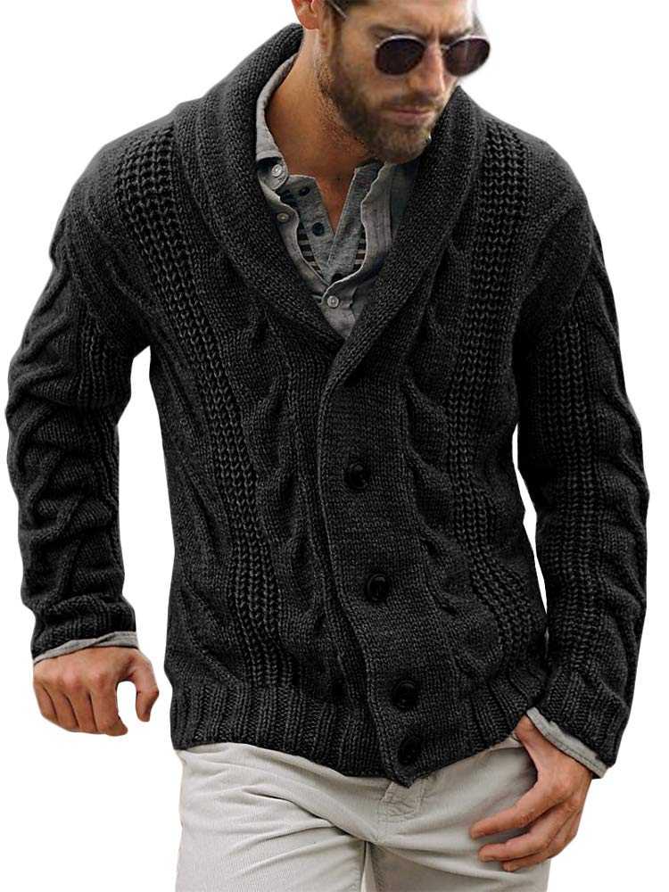Karlywindow Mens Cable Knit Cardigan Sweater Shawl Collar Loose Fit Long Sleeve Casual Cardigans Black - Image 1