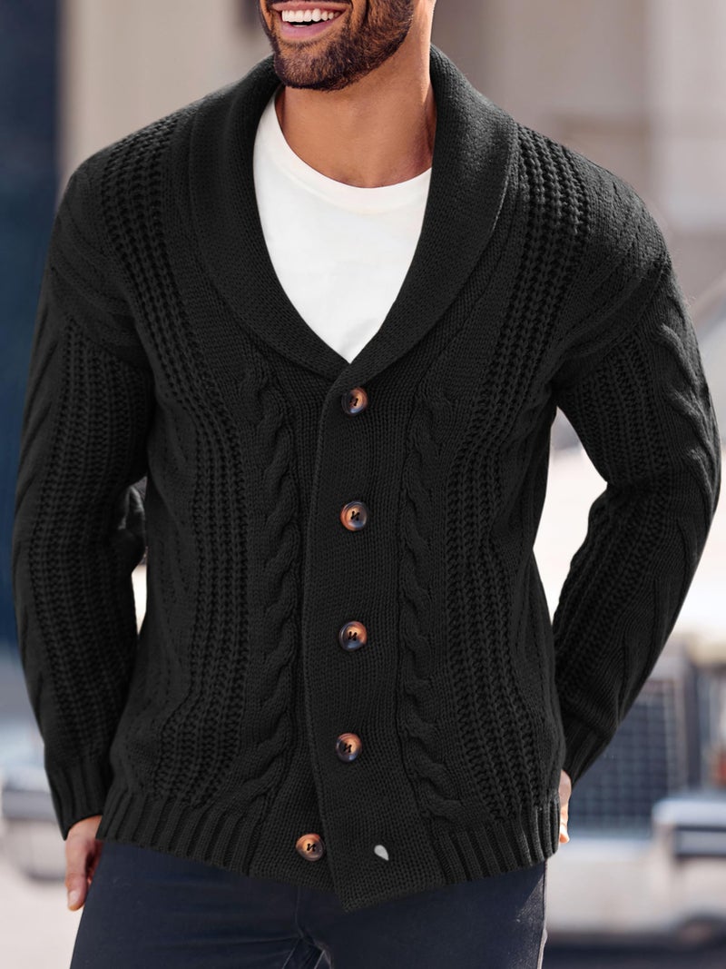 Karlywindow Mens Cable Knit Cardigan Sweater Shawl Collar Loose Fit Long Sleeve Casual Cardigans Black - Image 2