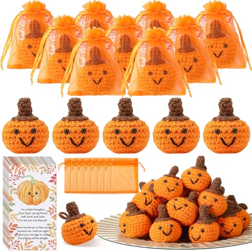 Shappy 15 Sets Thanksgiving Gifts Bulk Small Novelty Fall Pumpkins Crochet Gifts with Positive Cards Organza Bags for Fall Holiday Harvest Party Favors Home Table Decor - Image 1