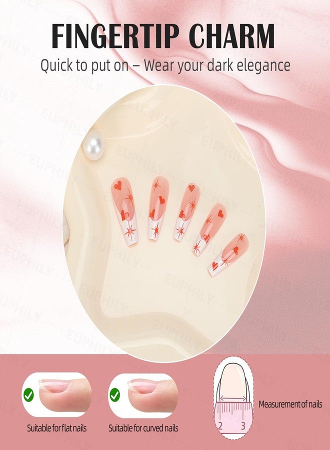 Euphily Valentines Press on Nails, Long White French Tip Fake Nail Coffin Square False Nail, 24 Pcs Glossy Orange Heart Deign False Nails Full Cover Artificial Nails Stick on Nails for Women Festival Manicure - Image 5