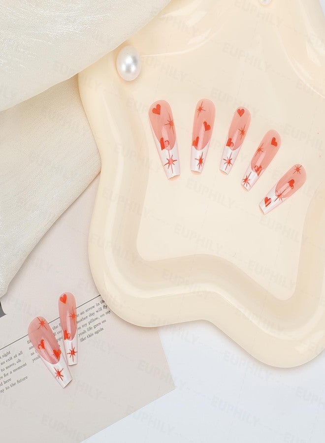 Euphily Valentines Press on Nails, Long White French Tip Fake Nail Coffin Square False Nail, 24 Pcs Glossy Orange Heart Deign False Nails Full Cover Artificial Nails Stick on Nails for Women Festival Manicure - Image 3
