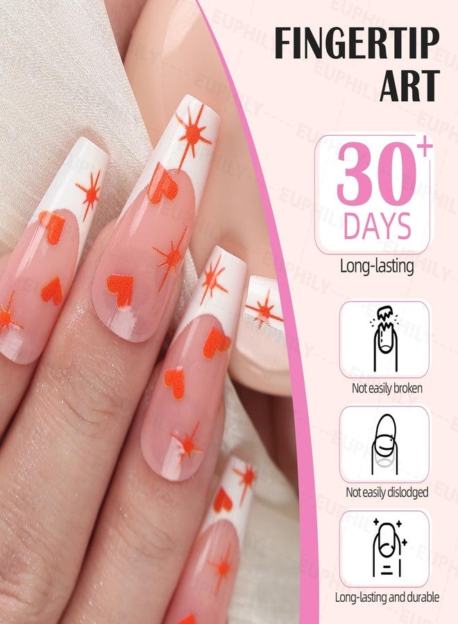 Euphily Valentines Press on Nails, Long White French Tip Fake Nail Coffin Square False Nail, 24 Pcs Glossy Orange Heart Deign False Nails Full Cover Artificial Nails Stick on Nails for Women Festival Manicure - Image 2