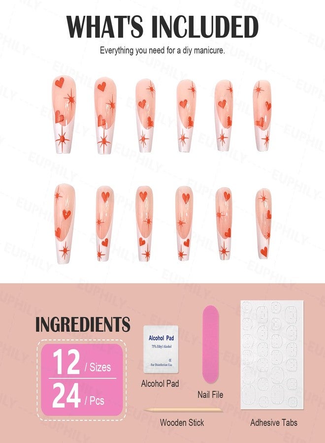 Euphily Valentines Press on Nails, Long White French Tip Fake Nail Coffin Square False Nail, 24 Pcs Glossy Orange Heart Deign False Nails Full Cover Artificial Nails Stick on Nails for Women Festival Manicure - Image 4