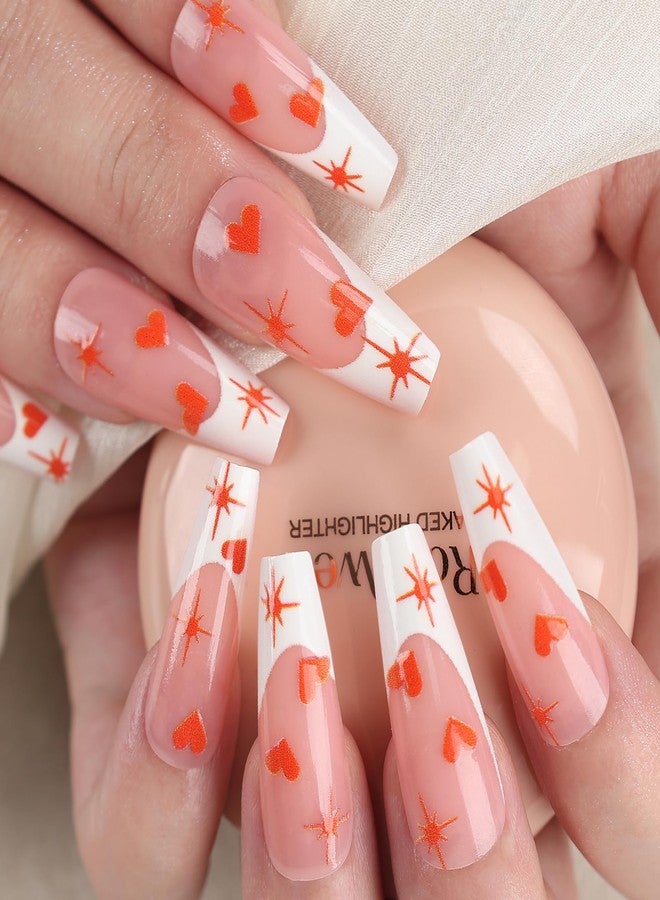 Euphily Valentines Press on Nails, Long White French Tip Fake Nail Coffin Square False Nail, 24 Pcs Glossy Orange Heart Deign False Nails Full Cover Artificial Nails Stick on Nails for Women Festival Manicure - Image 1