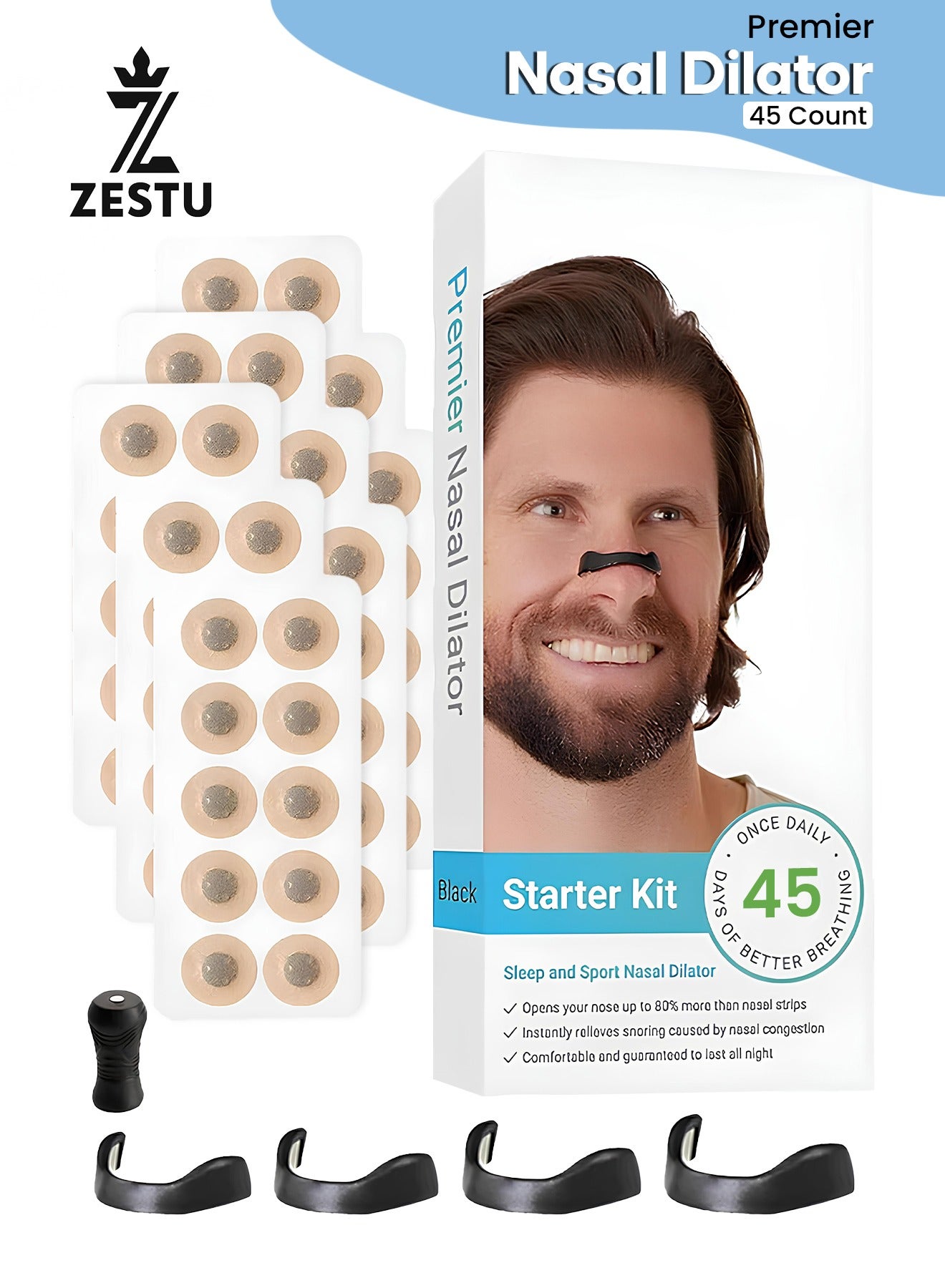 Nasal Strips Starter Kit (45 ct, Black) – Extra Strength Snoring Relief, Enhanced Breathing & Sleep Quality – Boosts Oxygen, Sweat-Resistant & Skin-Friendly for Better Comfort
