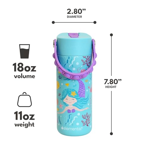 Elemental Insulated Kids Water Bottle Stainless Steel Water Bottle with Straw Lid PopIt Handle LeakProof Water Bottles for School Boys or Girls Travelling and Sports 18oz Mermaid - Image 3