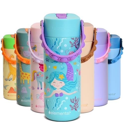 Elemental Insulated Kids Water Bottle Stainless Steel Water Bottle with Straw Lid PopIt Handle LeakProof Water Bottles for School Boys or Girls Travelling and Sports 18oz Mermaid - Image 1