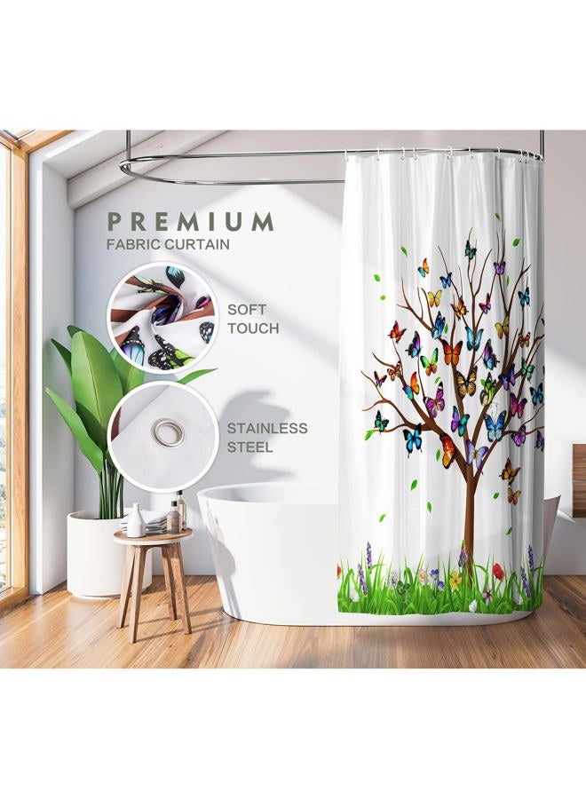 Lokigo Shower Curtain Butterfly Tree White Shower Curtains for Bathroom, Waterproof Quick-Drying Fabric Shower Curtain, Colorful Floral Leaf Butterfly Bathroom Shower Curtain Set with 12 Hooks, 72"x72" - Image 3