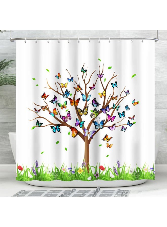 Lokigo Shower Curtain Butterfly Tree White Shower Curtains for Bathroom, Waterproof Quick-Drying Fabric Shower Curtain, Colorful Floral Leaf Butterfly Bathroom Shower Curtain Set with 12 Hooks, 72"x72" - Image 1