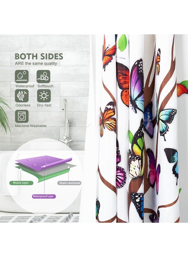 Lokigo Shower Curtain Butterfly Tree White Shower Curtains for Bathroom, Waterproof Quick-Drying Fabric Shower Curtain, Colorful Floral Leaf Butterfly Bathroom Shower Curtain Set with 12 Hooks, 72"x72" - Image 2