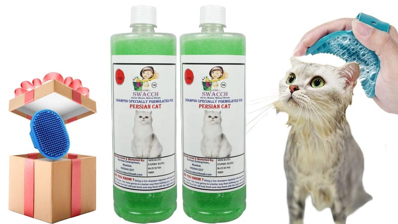 Swacch Persian Cat Shampoo -1 Litre (Pack of 2) (Neem Alovera) + Bath Brush with Adjustable Straps Combo Pack - Image 1