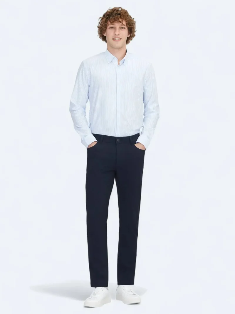 Kip Navy Blue Weaving Slim Fit Casual Trousers