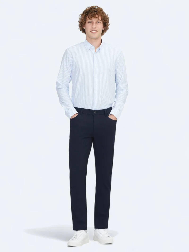 Kip Navy Blue Weaving Slim Fit Casual Trousers