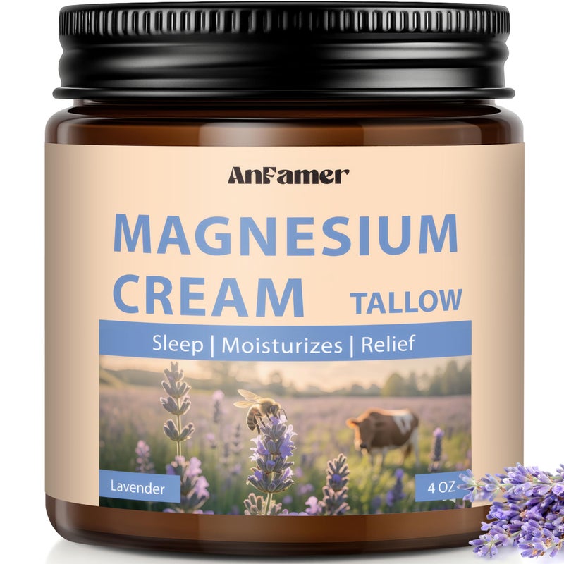 AnFamer Magnesium Cream for Sleep, Tallow Based Magnesium Lotion for Pain and Leg Cramps, Muscle Relaxation, Nighttime Deep Hydration with Shea Butter Jojoba & Vitamin E for Skin Care, Safe for Kids(Lavender) - Image 1