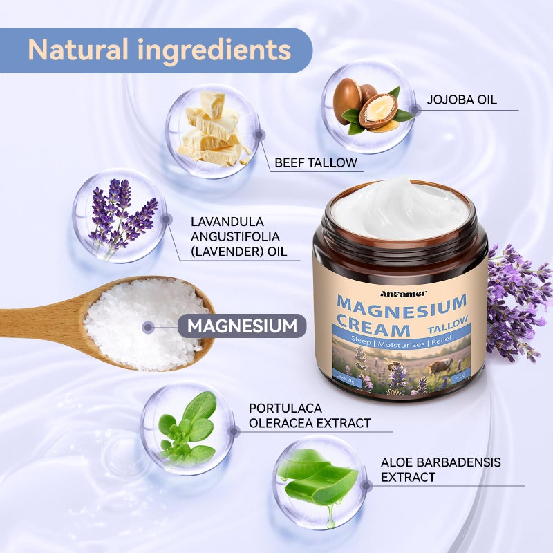 AnFamer Magnesium Cream for Sleep, Tallow Based Magnesium Lotion for Pain and Leg Cramps, Muscle Relaxation, Nighttime Deep Hydration with Shea Butter Jojoba & Vitamin E for Skin Care, Safe for Kids(Lavender) - Image 4