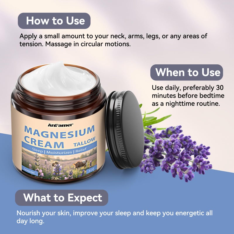 AnFamer Magnesium Cream for Sleep, Tallow Based Magnesium Lotion for Pain and Leg Cramps, Muscle Relaxation, Nighttime Deep Hydration with Shea Butter Jojoba & Vitamin E for Skin Care, Safe for Kids(Lavender) - Image 5