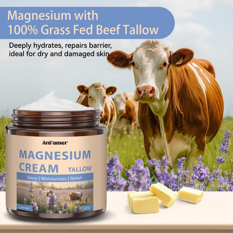 AnFamer Magnesium Cream for Sleep, Tallow Based Magnesium Lotion for Pain and Leg Cramps, Muscle Relaxation, Nighttime Deep Hydration with Shea Butter Jojoba & Vitamin E for Skin Care, Safe for Kids(Lavender) - Image 2
