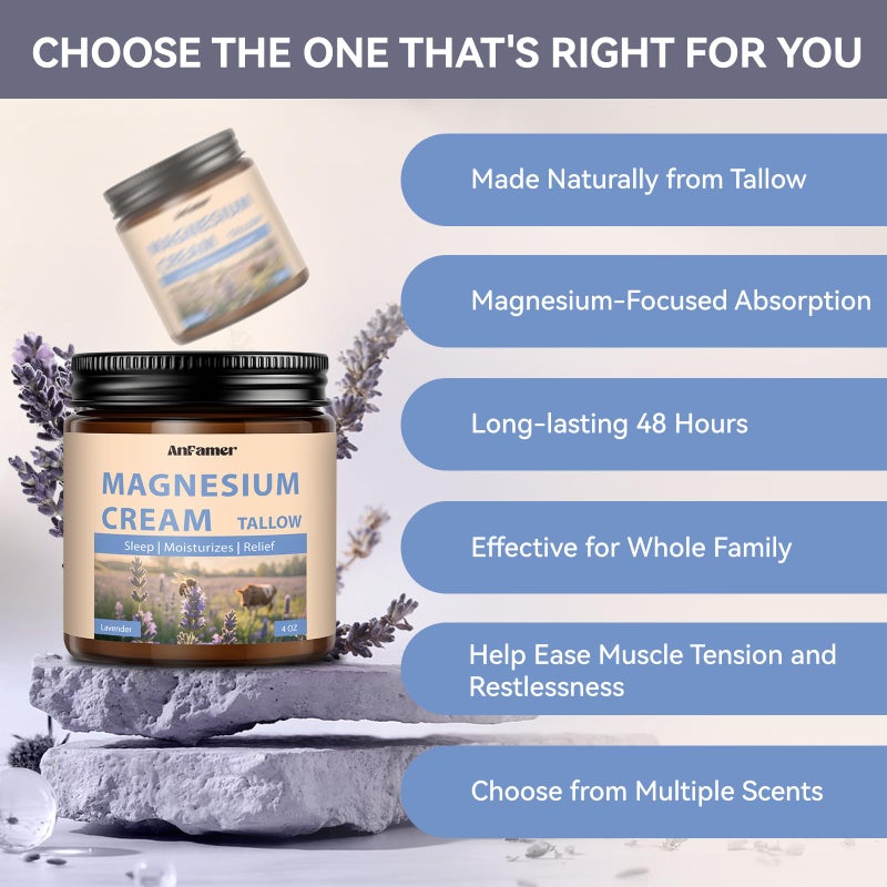 AnFamer Magnesium Cream for Sleep, Tallow Based Magnesium Lotion for Pain and Leg Cramps, Muscle Relaxation, Nighttime Deep Hydration with Shea Butter Jojoba & Vitamin E for Skin Care, Safe for Kids(Lavender) - Image 3