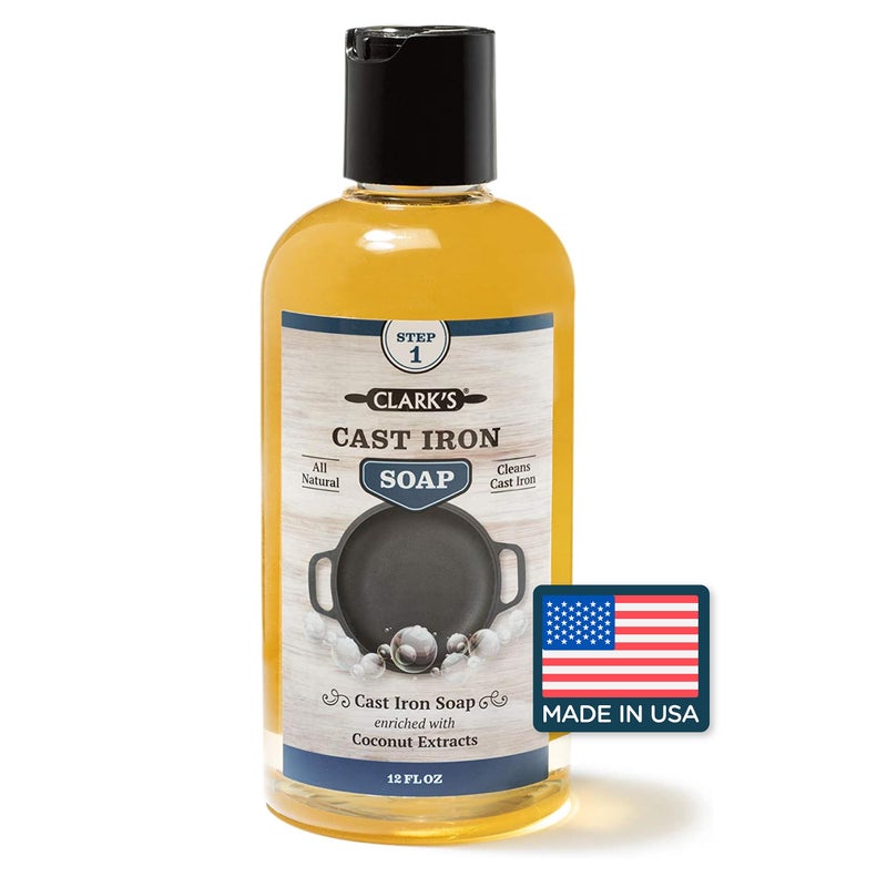 CLARKS Cast Iron Cleaner 12 oz Made in USA Plant Based Coconut Cast Iron Soap for Skillets Griddles Etc Protects and Restores Cookware