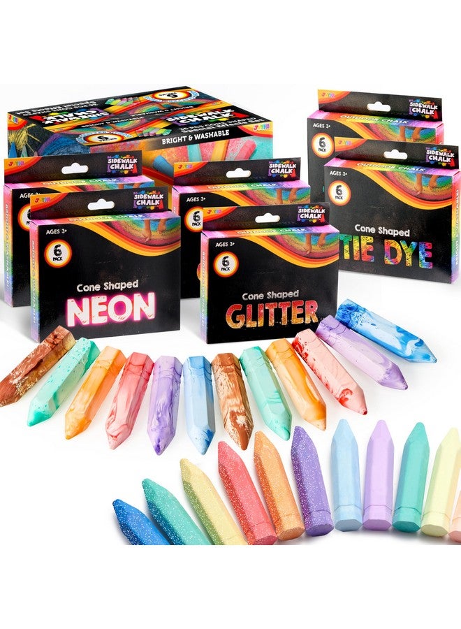 JOYIN 36 PCS Washable Sidewalk Chalks Set in 6 Packs, 18 Colors, Including 12 Tie Dye, 12 Glitter & 12 Neon Color Outdoor Chalks for Painting, Drawing, Gifts for Kids - Image 1