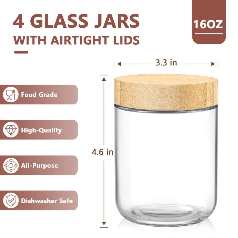 DRKIO 16 Oz Overnight Oats Containers with Bamboo Lids - 4 Pack Glass Storage Jars with Airtight Lids Wide Mouth Mason Food Jars Great for Meal Prep Salad Chia Pudding Snacks Yogurt Sugar Spice Cereal - Image 2