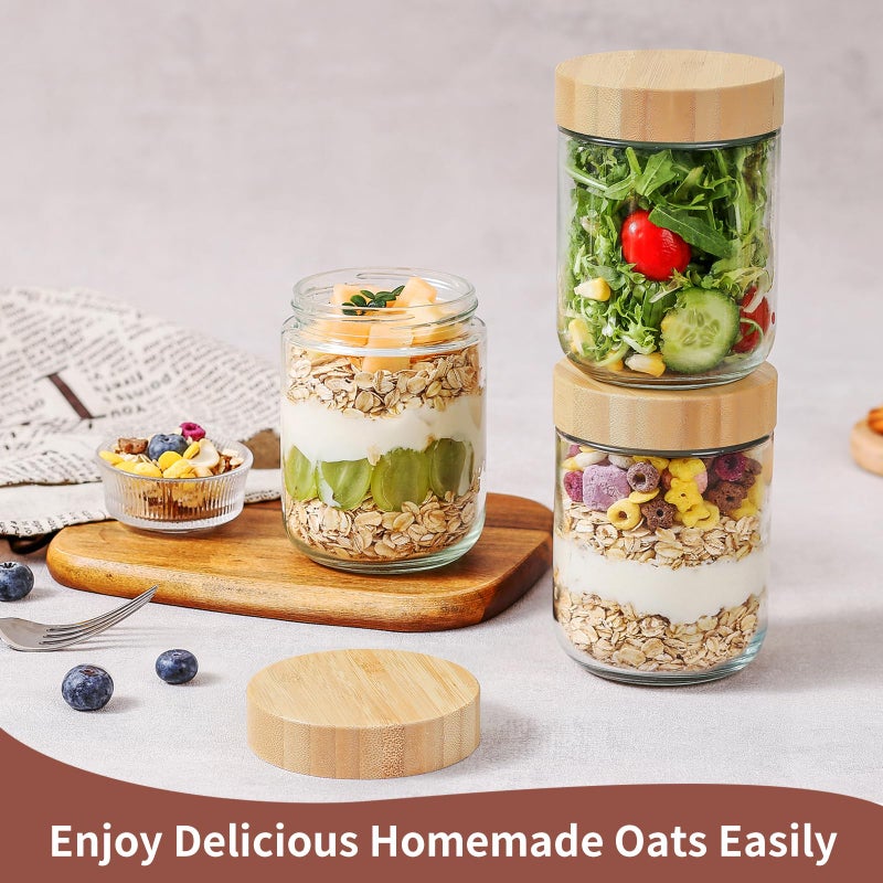 DRKIO 16 Oz Overnight Oats Containers with Bamboo Lids - 4 Pack Glass Storage Jars with Airtight Lids Wide Mouth Mason Food Jars Great for Meal Prep Salad Chia Pudding Snacks Yogurt Sugar Spice Cereal - Image 4