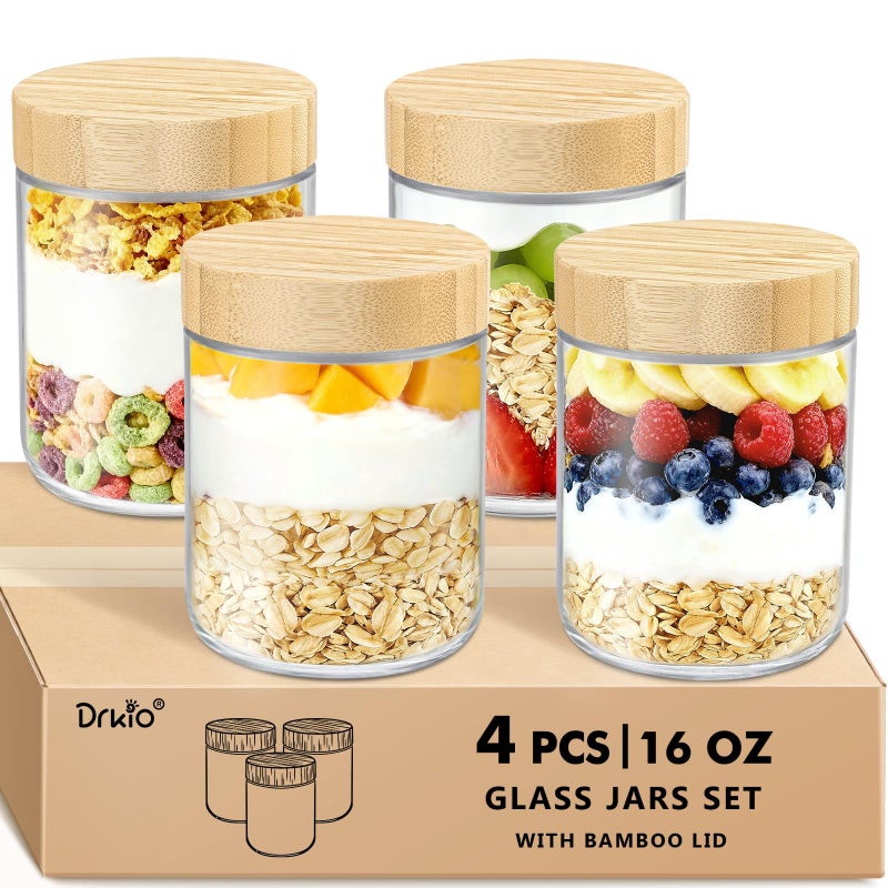 DRKIO 16 Oz Overnight Oats Containers with Bamboo Lids - 4 Pack Glass Storage Jars with Airtight Lids Wide Mouth Mason Food Jars Great for Meal Prep Salad Chia Pudding Snacks Yogurt Sugar Spice Cereal - Image 1