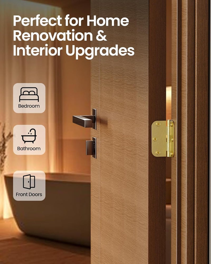 AmzGod Gold Door Hinges - 24 Pack 3.5 Inch Rounded with 5/8" Radius Satin Brass Door Hinges for Interior and Exterior Doors - Heavy Duty 3 1/2" Brushed Gold Residential Door Hardware - Image 3