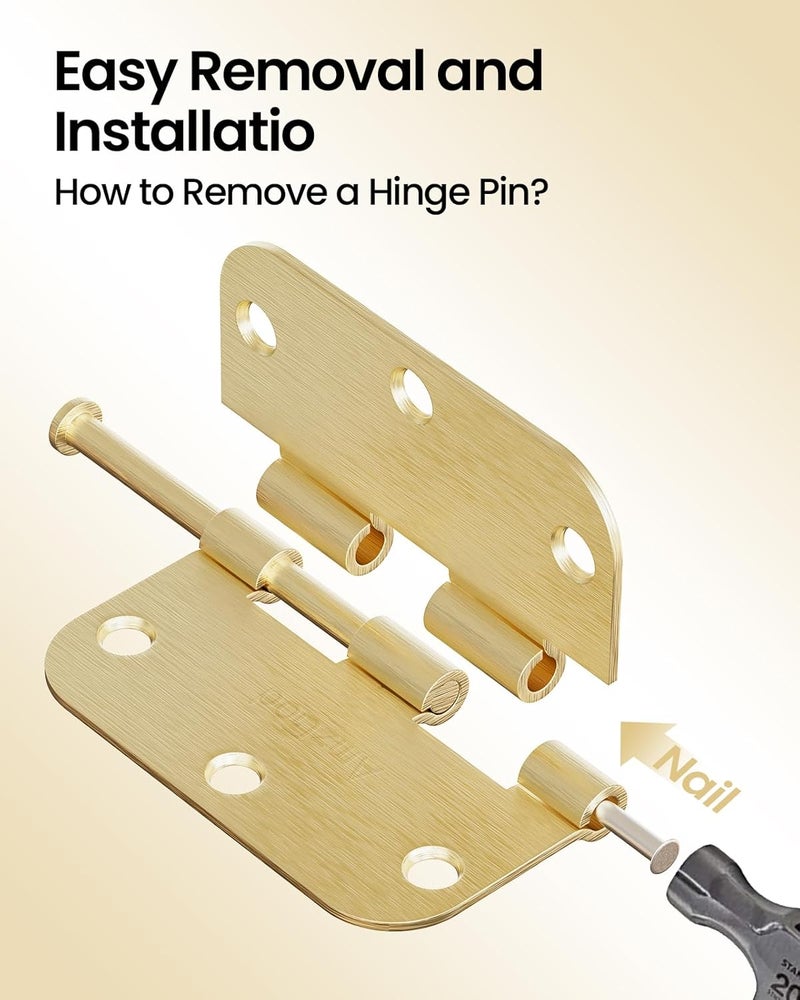AmzGod Gold Door Hinges - 24 Pack 3.5 Inch Rounded with 5/8" Radius Satin Brass Door Hinges for Interior and Exterior Doors - Heavy Duty 3 1/2" Brushed Gold Residential Door Hardware - Image 4