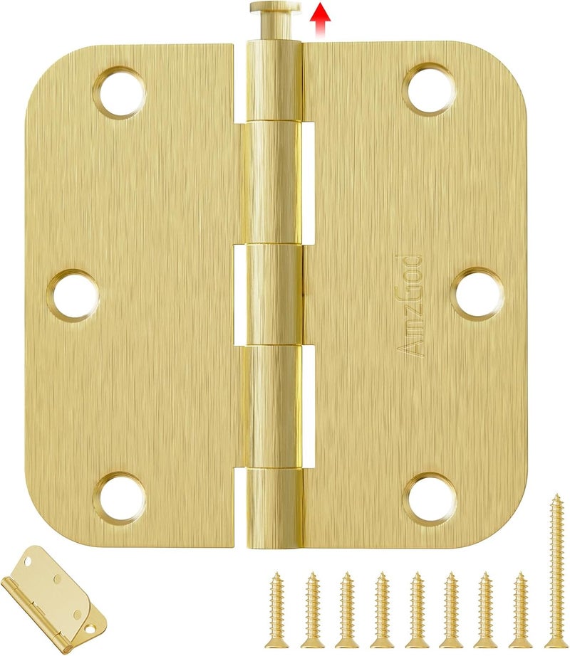 AmzGod Gold Door Hinges - 24 Pack 3.5 Inch Rounded with 5/8" Radius Satin Brass Door Hinges for Interior and Exterior Doors - Heavy Duty 3 1/2" Brushed Gold Residential Door Hardware - Image 1