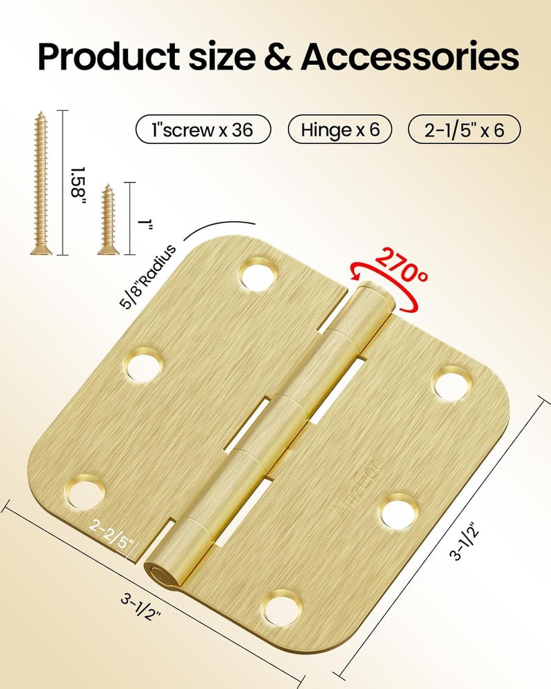 AmzGod Gold Door Hinges - 24 Pack 3.5 Inch Rounded with 5/8" Radius Satin Brass Door Hinges for Interior and Exterior Doors - Heavy Duty 3 1/2" Brushed Gold Residential Door Hardware - Image 2
