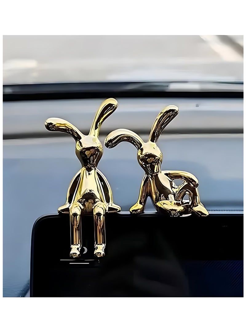 CLAVON Set of 2 Rabbit Car Ornaments Light Luxury Chrome Plated Bunny Figurines Cute Creative Car Interior Decor for Centre Console Jewelry Daily Commutes Road trips and as unique gifts for car lovers,Gold - Image 3