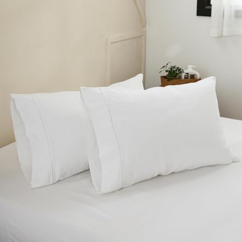 King Linens 100% French Linen Pillowcases with Embroidery - Pack of 2 - Washed Solid Color Natural Flax Soft Breathable - White, 20'' x 30'' - Image 1