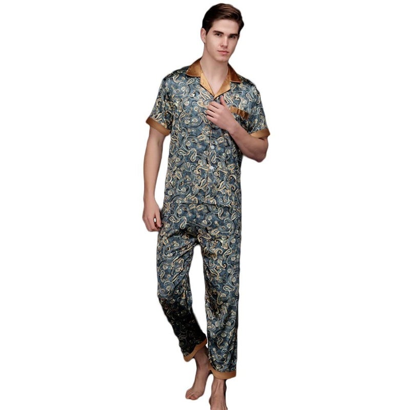 ZUEVI Men's Silk Satin Short Sleeve Pajamas Set Dragon Pattern Loungewear Button Down Pjs Set for Men(JADEITE-S) - Image 4