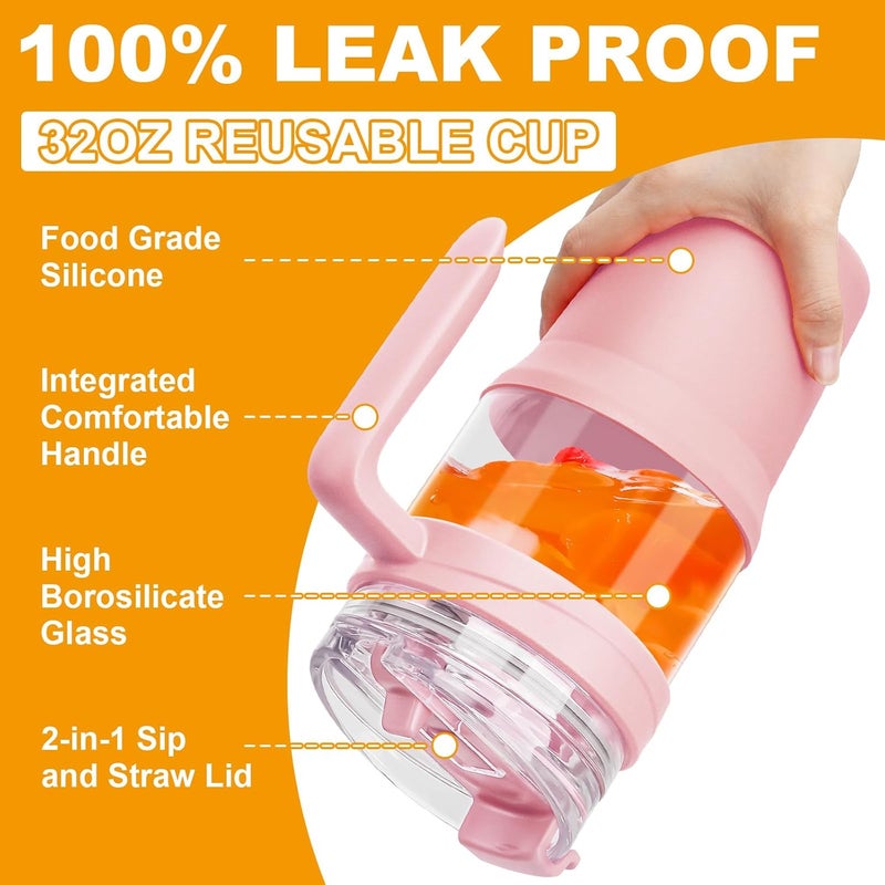 tronco 32oz Glass Tumbler with Straw and Lid, Leakproof 2-in-1 Sip and Flip Straw Lid, Glass Water Bottles with Handle, Fit in Cup Holder, BPA Free, Dishwasher Safe (Coral Orange) - Image 3
