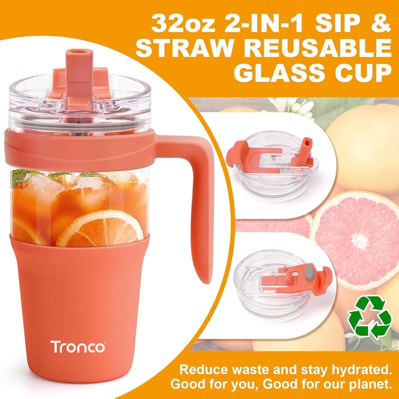 tronco 32oz Glass Tumbler with Straw and Lid, Leakproof 2-in-1 Sip and Flip Straw Lid, Glass Water Bottles with Handle, Fit in Cup Holder, BPA Free, Dishwasher Safe (Coral Orange) - Image 2