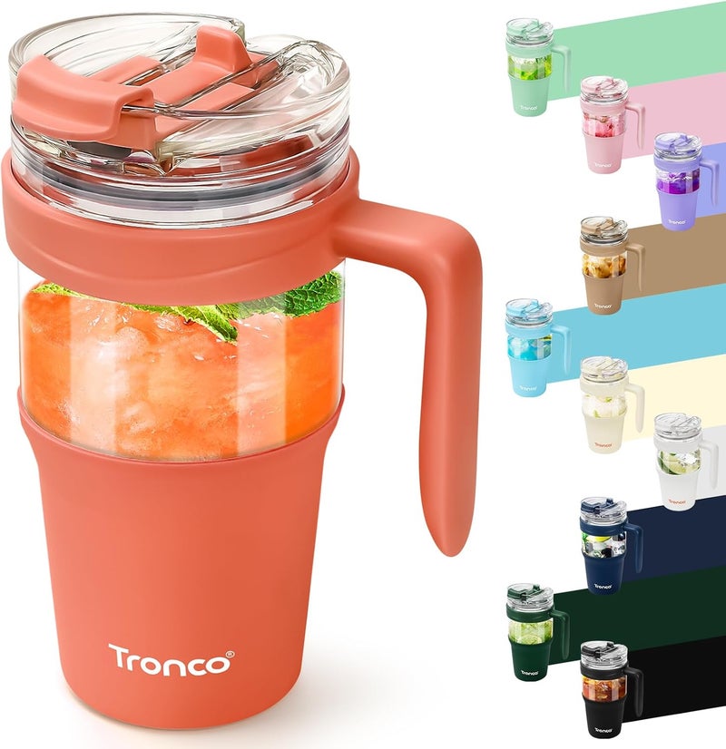 tronco 32oz Glass Tumbler with Straw and Lid, Leakproof 2-in-1 Sip and Flip Straw Lid, Glass Water Bottles with Handle, Fit in Cup Holder, BPA Free, Dishwasher Safe (Coral Orange) - Image 1