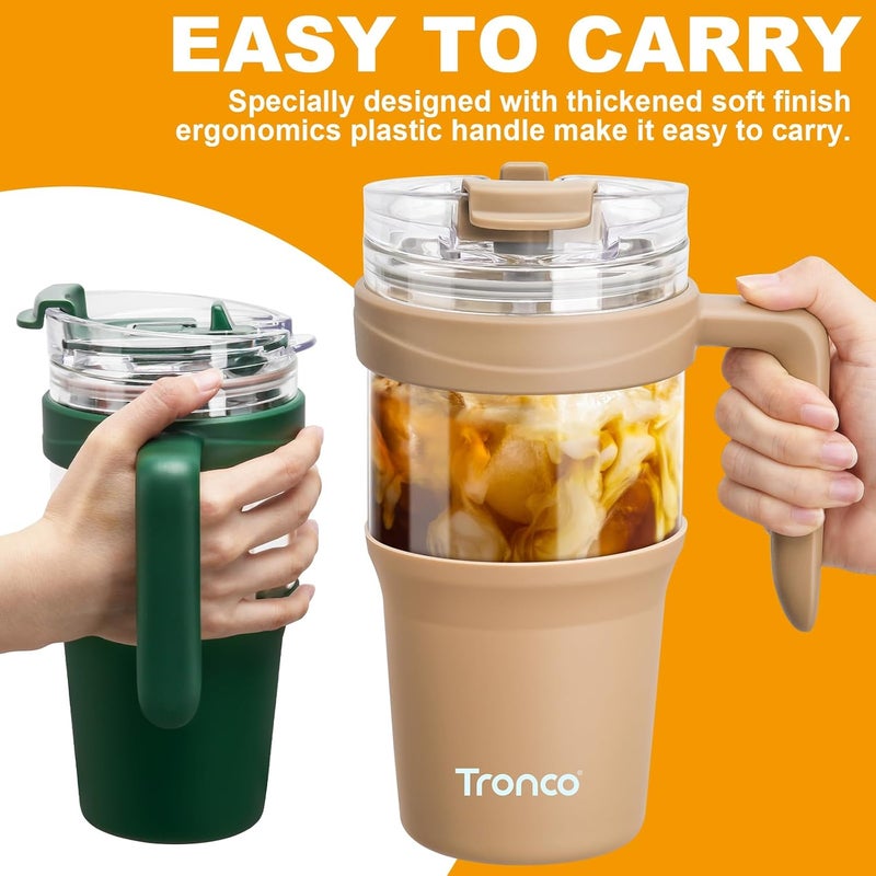 tronco 32oz Glass Tumbler with Straw and Lid, Leakproof 2-in-1 Sip and Flip Straw Lid, Glass Water Bottles with Handle, Fit in Cup Holder, BPA Free, Dishwasher Safe (Coral Orange) - Image 4
