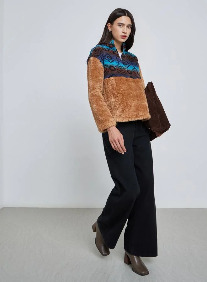 Take Two Take Two Printed Panel Furry Textured Sweatshirt