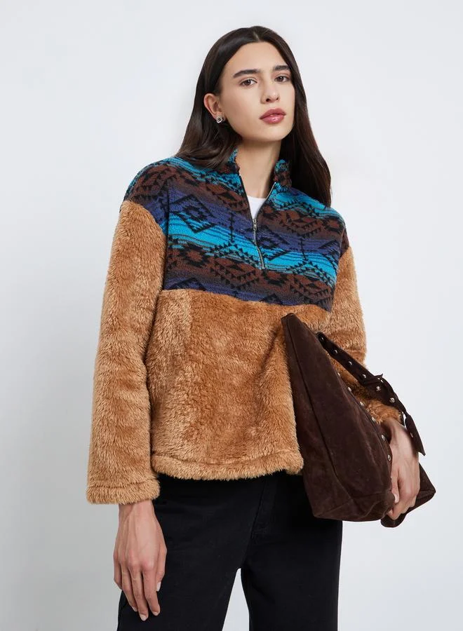 Take Two Take Two Printed Panel Furry Textured Sweatshirt