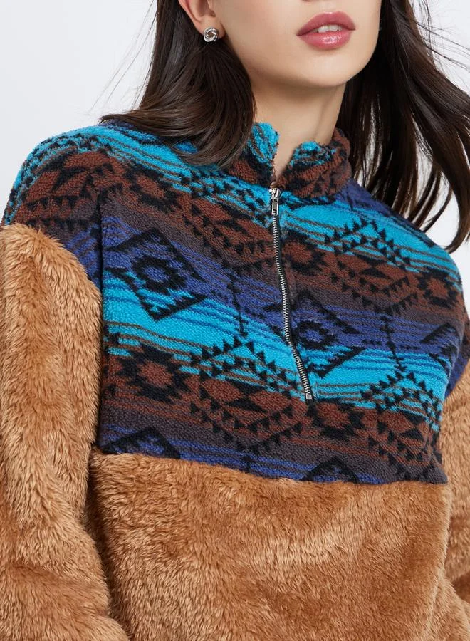 Take Two  Take Two Printed Panel Furry Textured Sweatshirt for Women | Best Price UAE