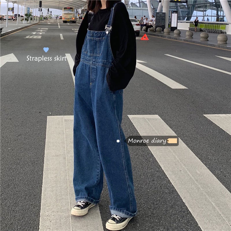 Design Sense Niche Denim Strap Pants Korean Style Loose Retro Hong Kong Style Age-Reducing Cute Japanese Student Small - Image 2