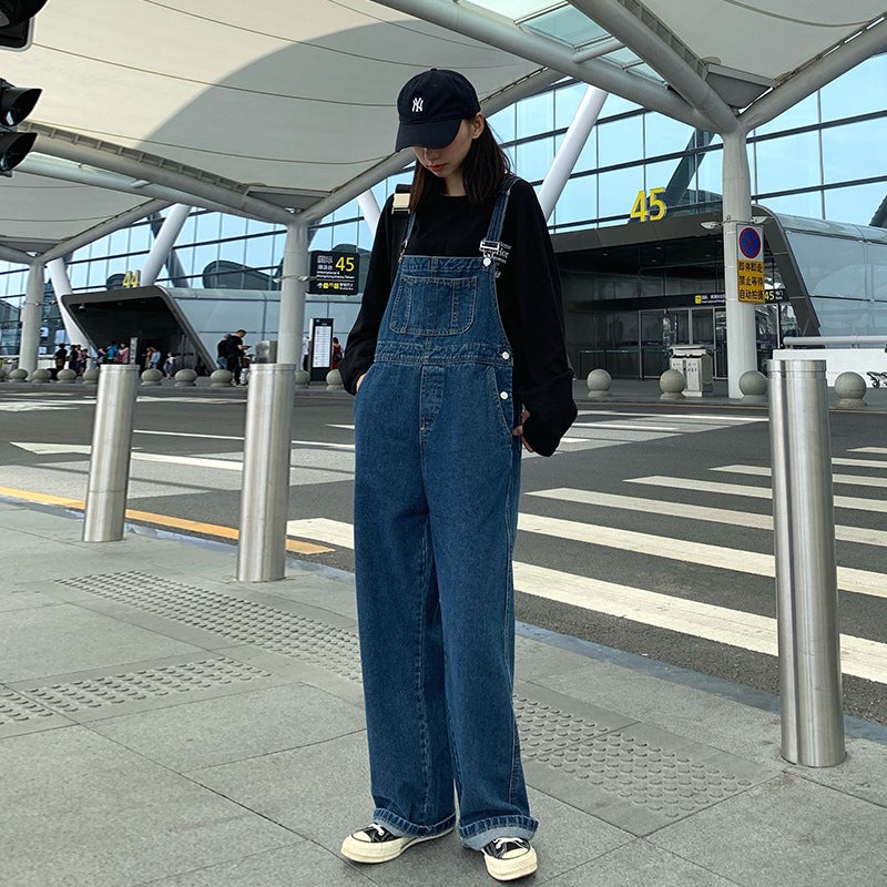 Design Sense Niche Denim Strap Pants Korean Style Loose Retro Hong Kong Style Age-Reducing Cute Japanese Student Small - Image 5